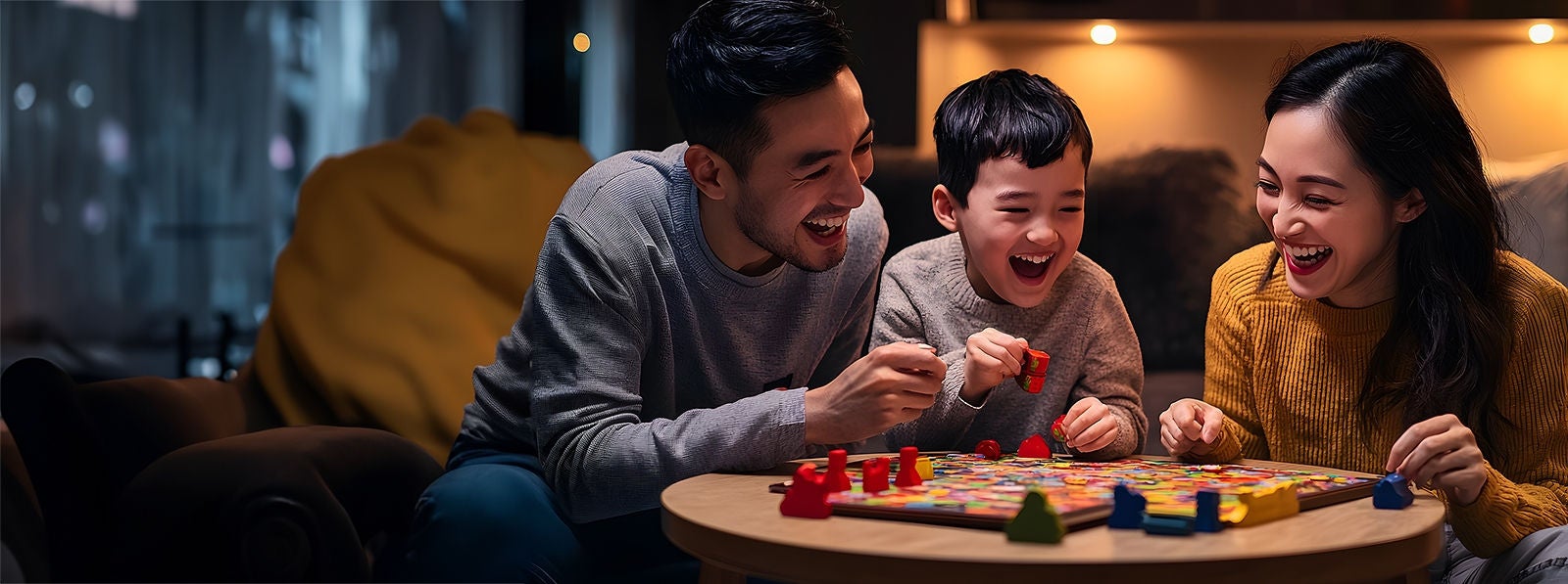 A joyful asian family playing a board game together at home.