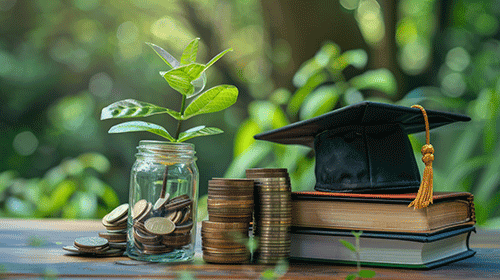 Coins stacked with growing plants and graduation cap, symbolizing investment in education, savings, and financial growth.